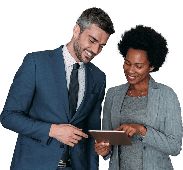 a businessman and a woman consultant discussing healthcare analytics and technology tools